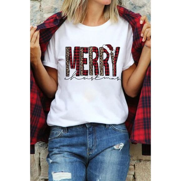 Azura Exchange  White Plaid Leopard MERRY Christmas Print T Shirt - Picture 2 of 15